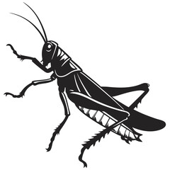 Stylized black silhouette of a grasshopper with detailed legs and wings