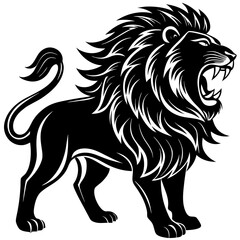 Majestic black lion roaring with a full mane and tail