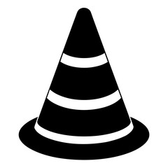 Simple black and white traffic cone with reflective stripes on a white background