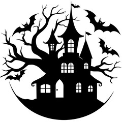 Spooky haunted house silhouette with bats and bare trees on a crescent moon
