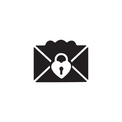 Secure love letter icon, symbolizing private communication.Simple black and white graphic of an envelope with a padlock displaying a heart shape.