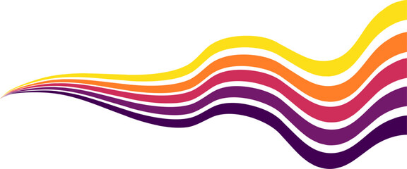 The image features a dynamically curved, wavy pattern of horizontal stripes in vibrant colors: yellow, orange, pink, purple, and dark purple, creating a sense of flow.