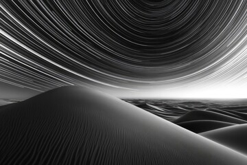 Naklejka premium Long exposure captures star trails over a monochrome desert landscape, showcasing Earth's rotation.