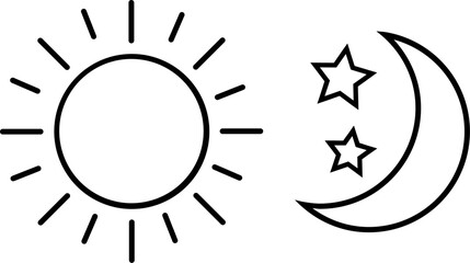 black outline sun with radiating lines on the left, and a crescent moon with two stars on the right, symbolizing day and night 