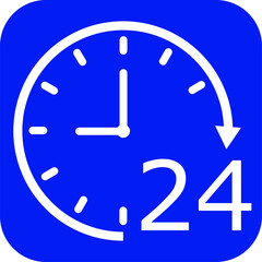 blue square sign with a white clock face with an arrow completing a 24-hour cycle. 