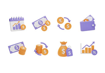 Collection of 3d financial icons including calendar graph coins wallet money bag and percentage isolated on transparent background