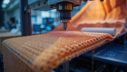 Detailed view of an automated industrial machine creating a unique textile lattice structure