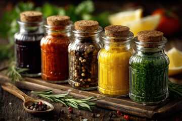 Collection of glass bottles filled with condiments and spices, such as red chili powder, black peppercorns, yellow turmeric, and green herbs.