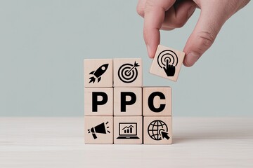 Hand placing a click icon block on ppc cubes with marketing icons representing growth and strategy