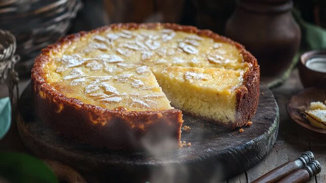 Cassava cake on the table with smoke