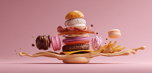 Fast food mash-up in surreal pastel pink style