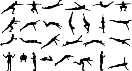 Naklejka premium Silhouette vector illustration of human swimming, diving, floating and jumping poses in various body movements for sport, design, education, animation 