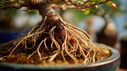 Close-up bonsai roots in pot (1)