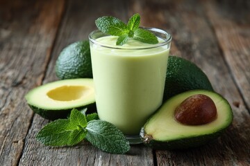 Avocado smoothie in glass, with fresh mint leaves and avocados on rustic wooden planks