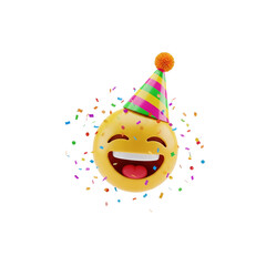 Joyful laughing emoji wearing a party hat with colorful confetti isolated on transparent background