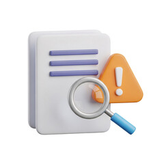 3d illustration of a magnifying glass examining a document with an alert symbol isolated on transparent background