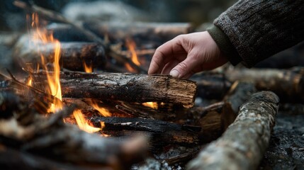 Hand tending a crackling campfire