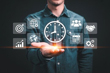 Man holding a clock and business icons representing time management planning teamwork global reach and success