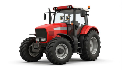 Red tractor with black wheels, industrial design, white roof, round black windows, steering wheel, positioned centrally on light gray background. Isolated, flat lay image focusing on tractor details.