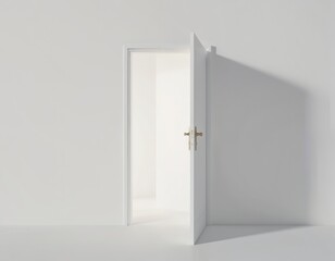 Closed white door against light blue wall with gold lock, handle. Minimalistic design with central positioning on flat background. Door stands out from wall due to gold accents, contrasting colors.