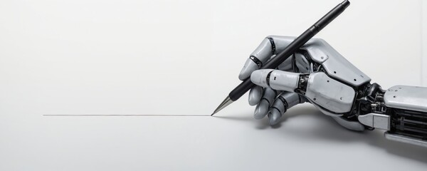 Robot hand holding pen poised to write on blank white paper. Black and white illustration of mechanical hand, pen and paper. Contrast between robot and white background.