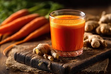 Orange juice, carrots, and ginger on rustic board