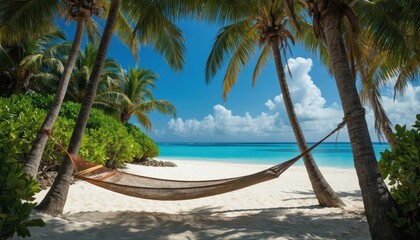 Fototapeta premium Tropical beach with hammock between palm trees. Orange fabric draped in hammock, beach, ocean, and clear blue sky with white clouds. Warm inviting glow.