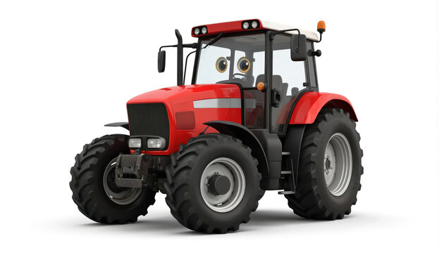 Red tractor with black wheels, industrial design, white roof, round black windows, steering wheel, positioned centrally on light gray background. Isolated, flat lay image focusing on tractor details. - Powered by Adobe