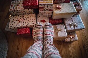 Gift-wrapped presents tower over feet in pajamas