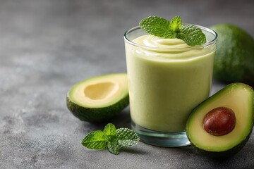 Fresh avocado smoothie in glass, garnished with mint