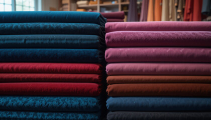 Stacks of Plush Colorful Fabric Rolls on Display in a Textile Store Setting