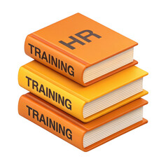 Stack of three orange and yellow books labeled training and hr on a black background