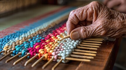 Aged hands weave colorful rug