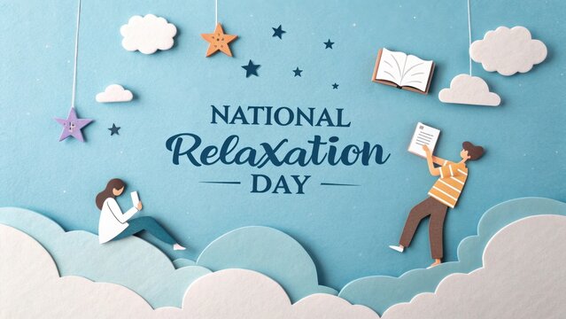 National relaxation day illustration with people reading and relaxing on clouds and stars background