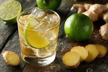 Refreshing ginger lime drink with ice