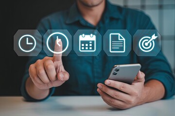 Man s hand touching digital icons for time management planning scheduling document and goal achievement on a virtual interface