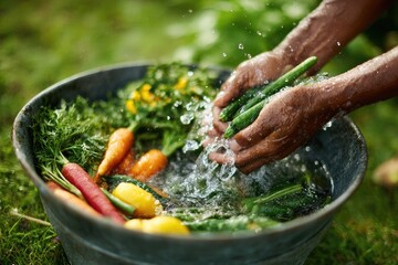 Hands washing fresh vegetables in a metal basin