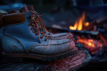 Worn work boots by campfire