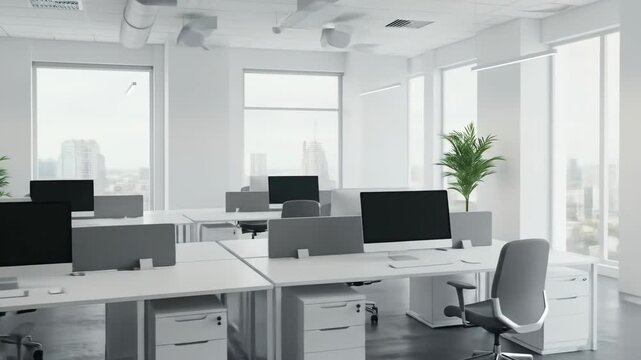 Modern office interior with desks, computers, and natural light  