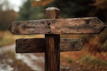 Rustic wooden signpost in autumnal forest
