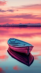 Obraz premium Empty Boat on Pink Sunset Lake