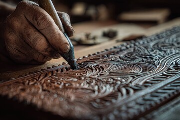 Carved wooden panel, artisan's hands detailing intricate design