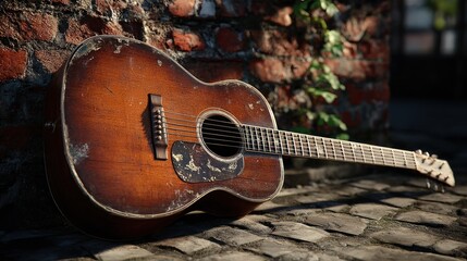 Fototapeta premium Aged Acoustic Guitar Resting Against Brick Wall in Sunlight