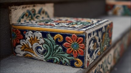Ornate tile stair riser, colorful floral design