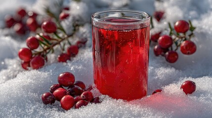 Red cranberry juice in glass, snow, berries