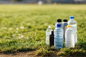 Several water bottles on grassy field