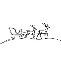 Abstract continuous line drawing of a sleigh ride with reindeer against a plain white background, concept of minimalist art for holiday decor and seasonal celebrations.