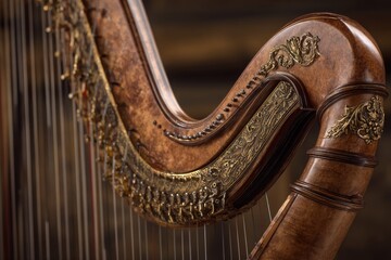 Close-up of a wooden harp's ornate neck