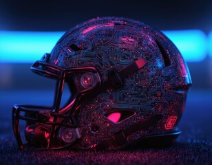 Football helmet with faceguard, white logo, on green grass field. Dark blue sky with streaks of blue creates contrast. Futuristic digital tech helmet on grassy outdoor field. Athletic equipment