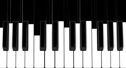 Naklejka premium Close up view of a piano keyboard displaying black and white keys. The keys are arranged in a standard pattern with contrasting colors. The image emphasizes the details of the instrument